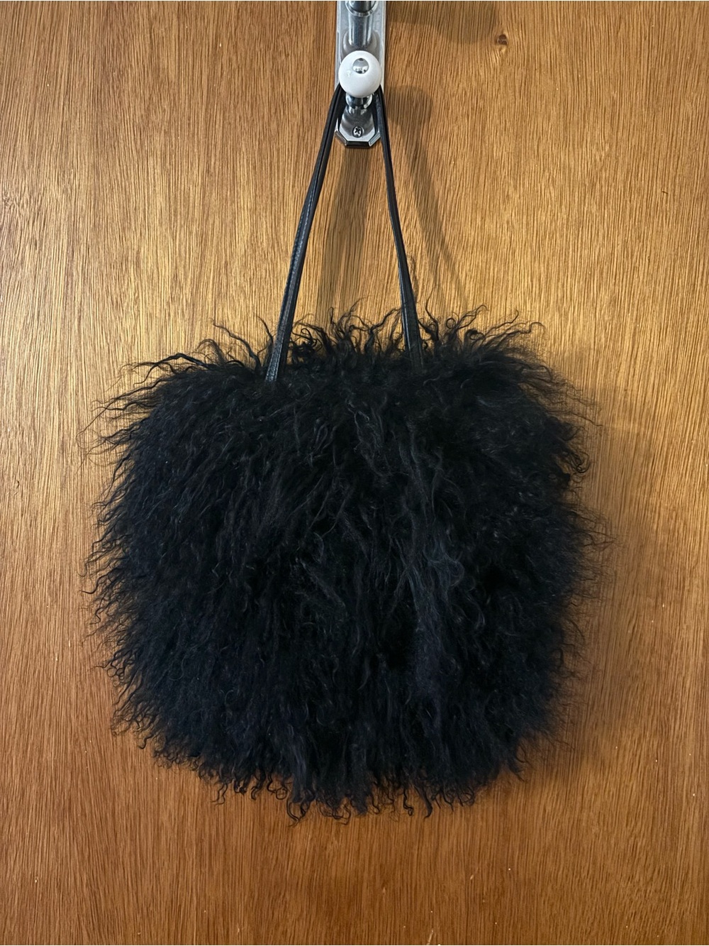 Shanghai Tang Black Fur Tote with Slim Shoulder Straps